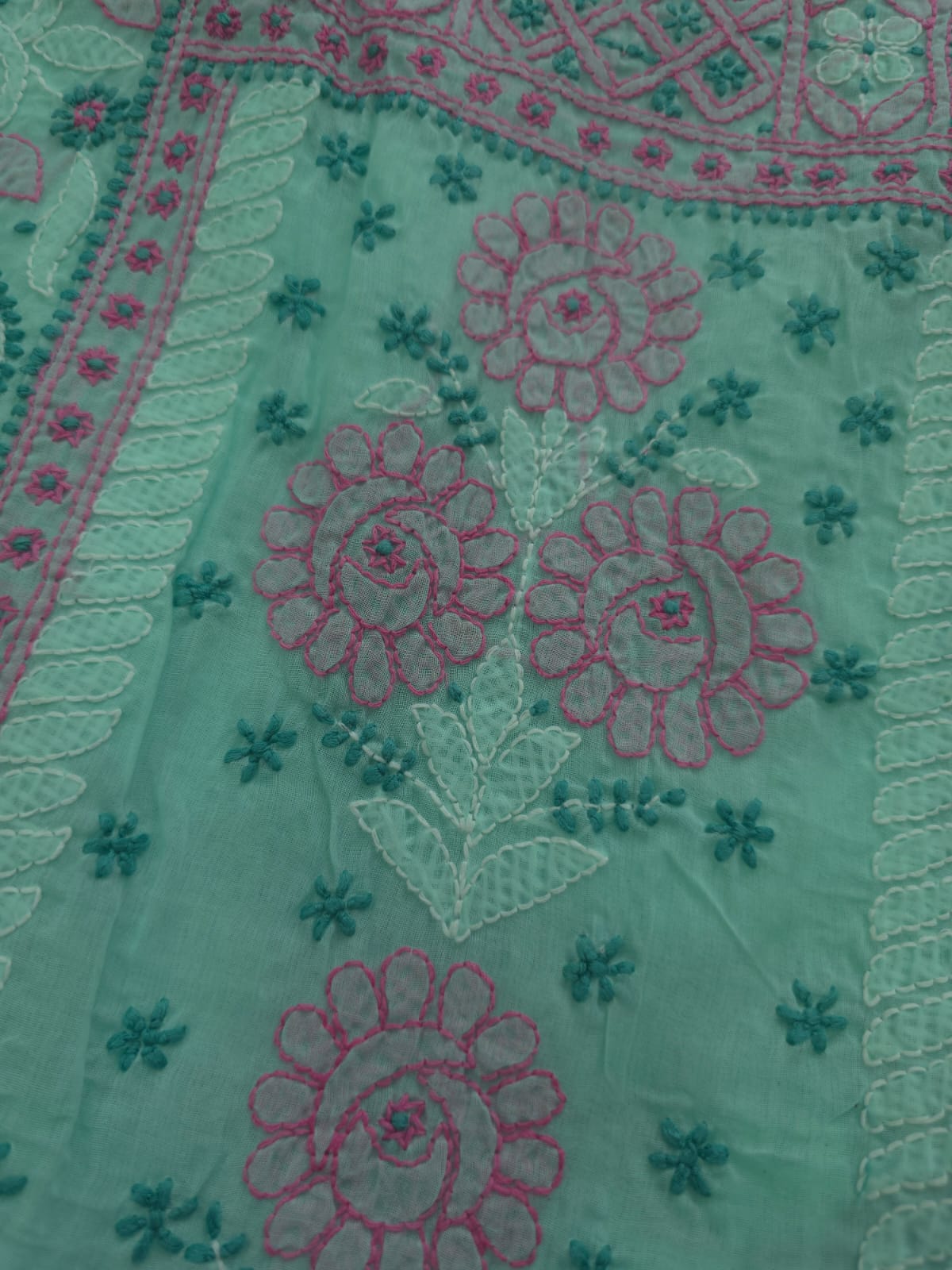 Green cotton full set with fine handwork and designer dupatta