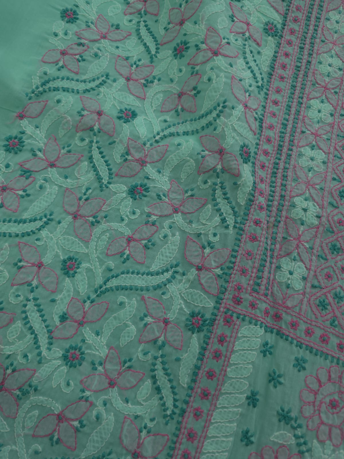 Green cotton full set with fine handwork and designer dupatta