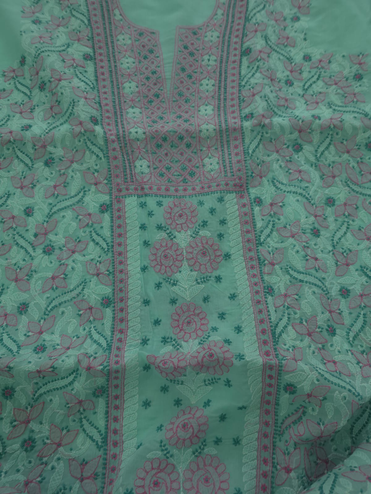 Green cotton full set with fine handwork and designer dupatta