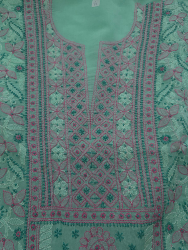 Image of Green cotton full set with fine handwork and designer dupatta