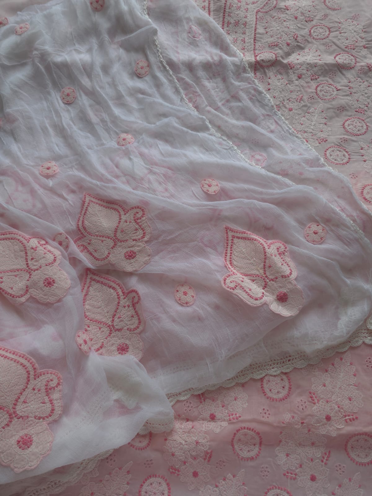 Pink  white cotton set with contrast chikankari and designer dupatta