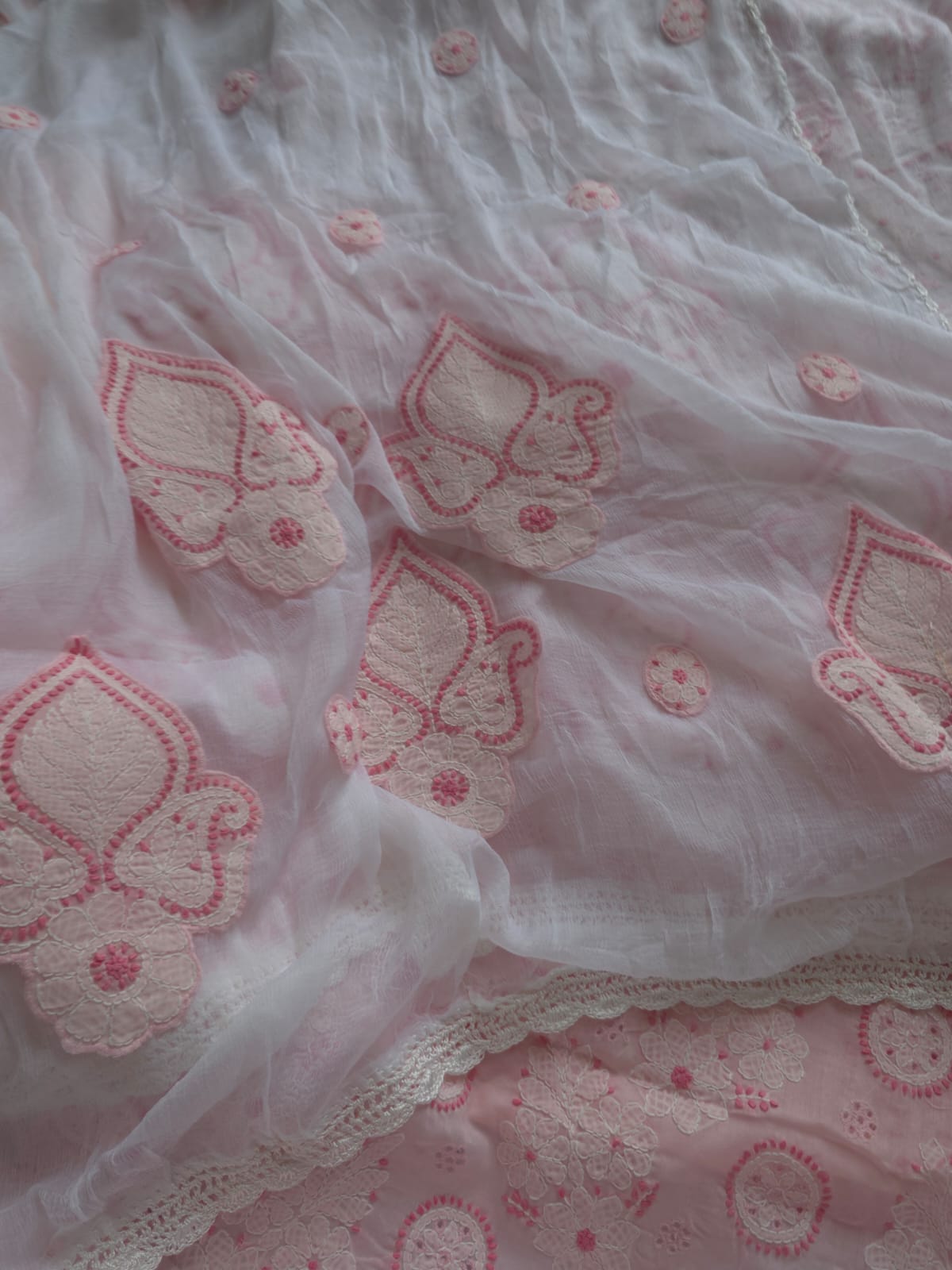 Pink  white cotton set with contrast chikankari and designer dupatta