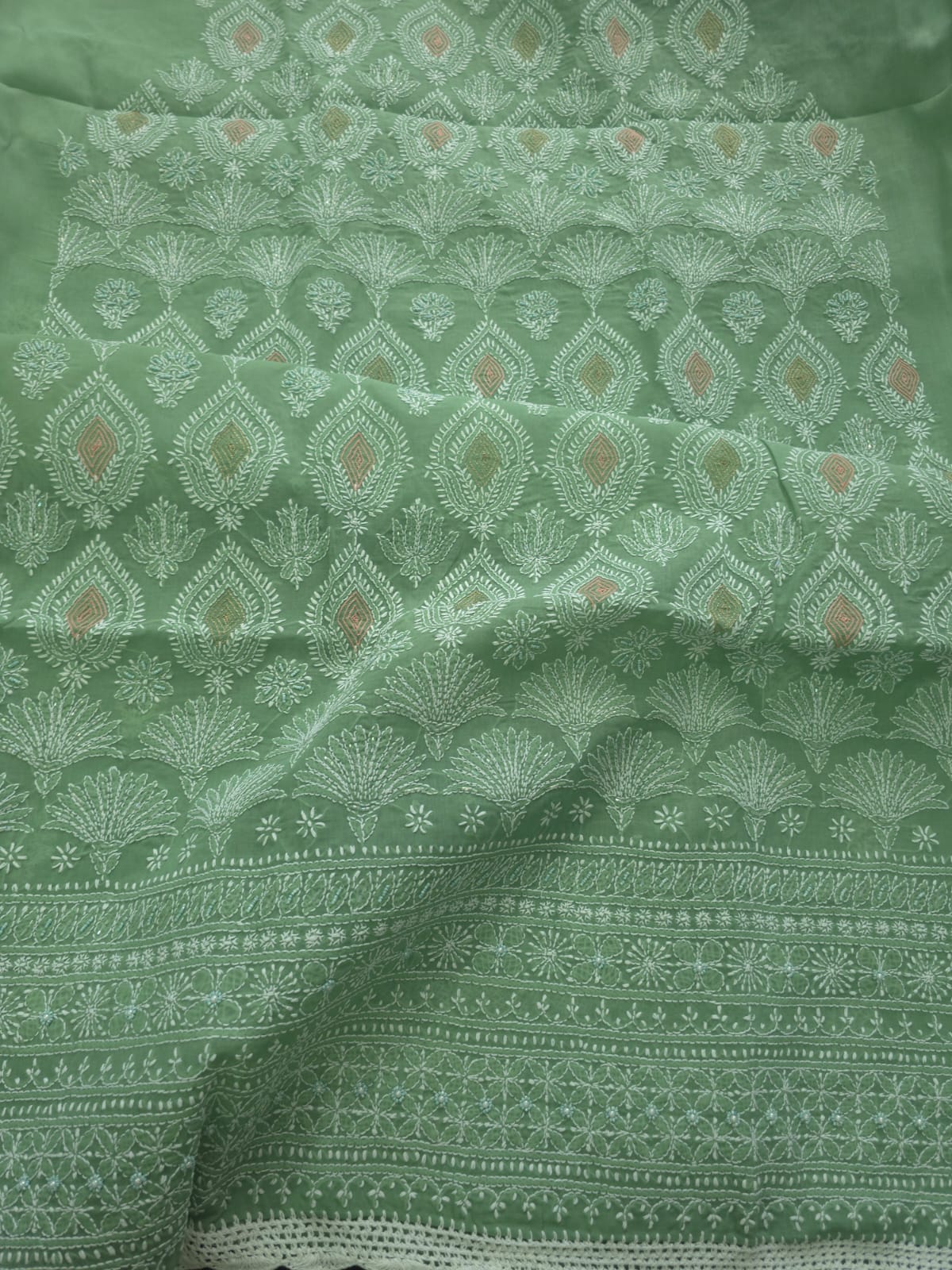 Gren cotton full suit with chikankari and embellishments