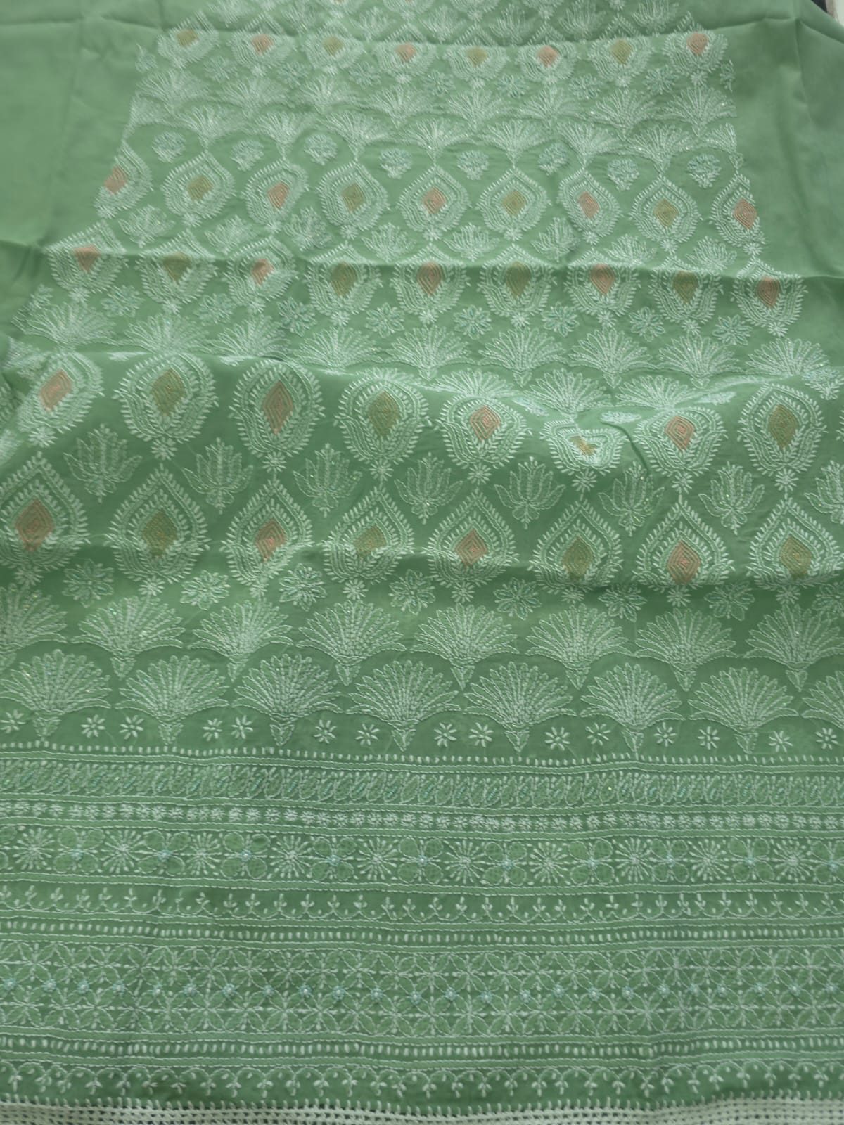 Gren cotton full suit with chikankari and embellishments