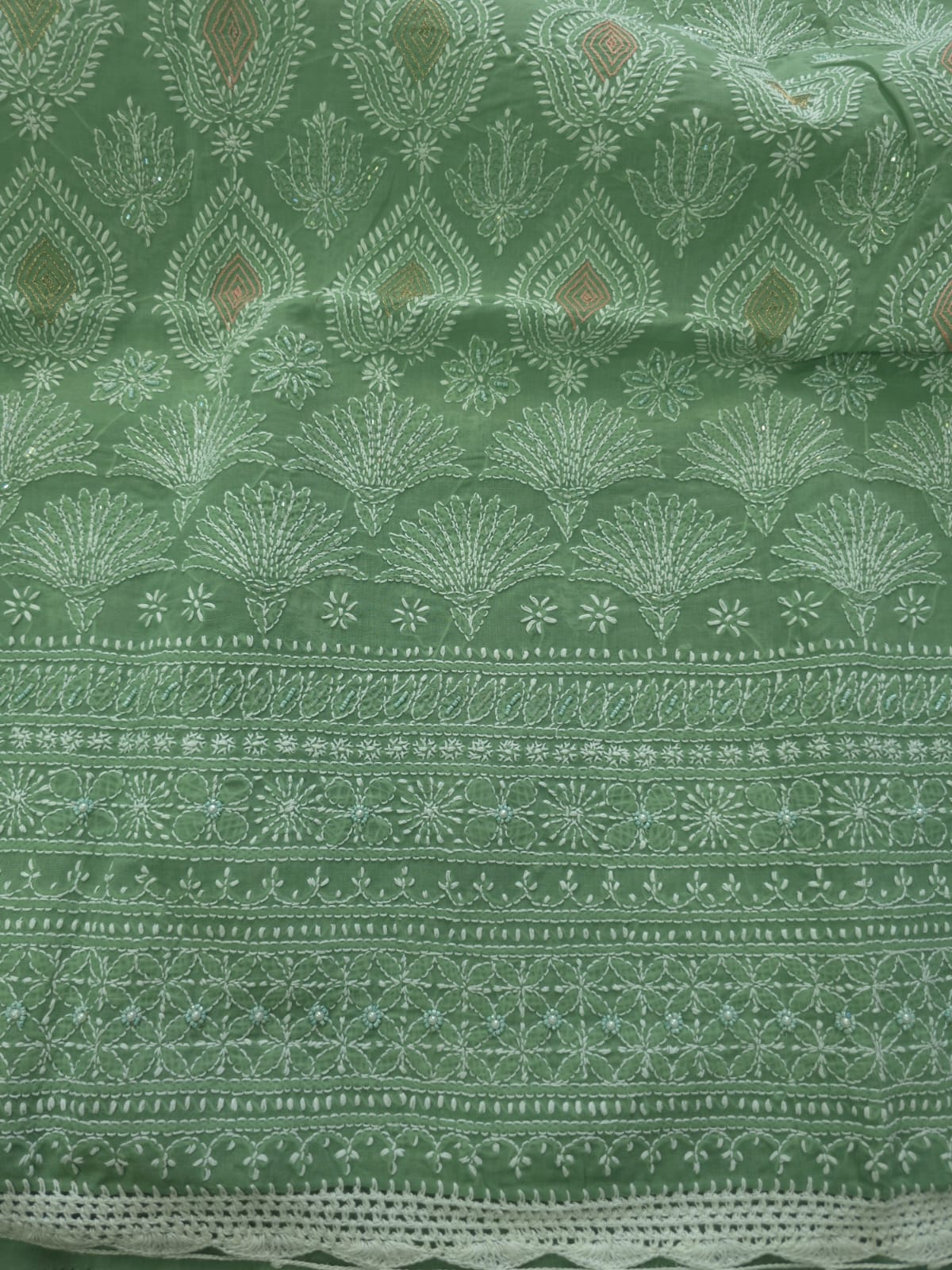 Gren cotton full suit with chikankari and embellishments
