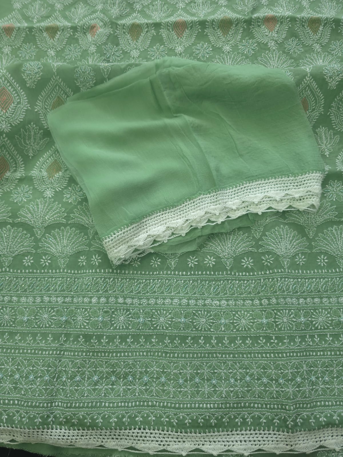 Gren cotton full suit with chikankari and embellishments