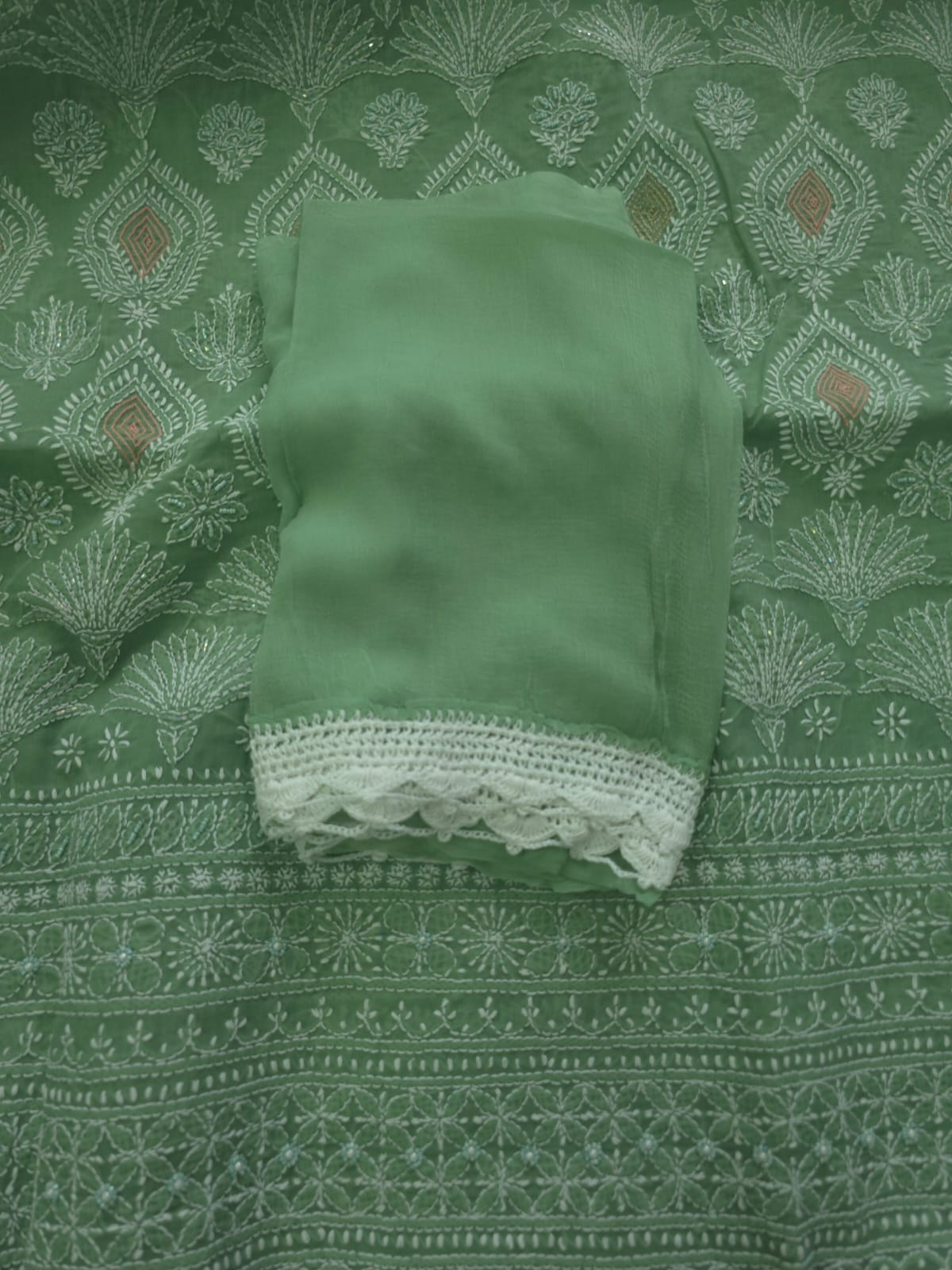 Gren cotton full suit with chikankari and embellishments