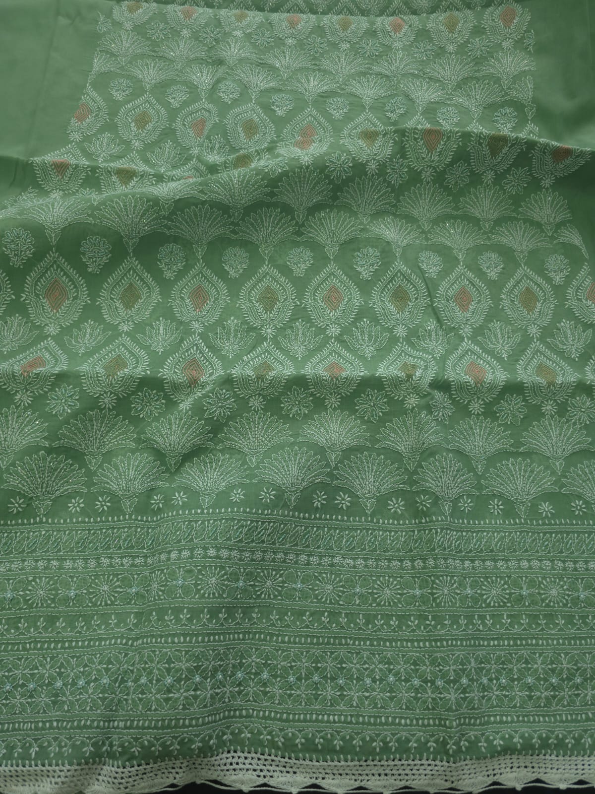 Gren cotton full suit with chikankari and embellishments