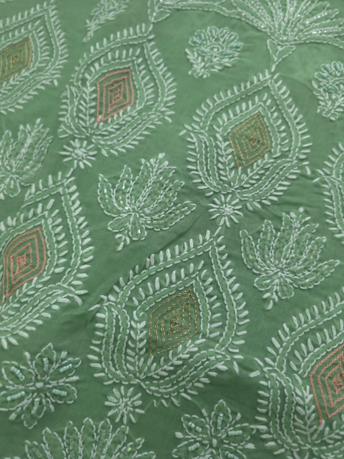 Gren cotton full suit with chikankari and embellishments