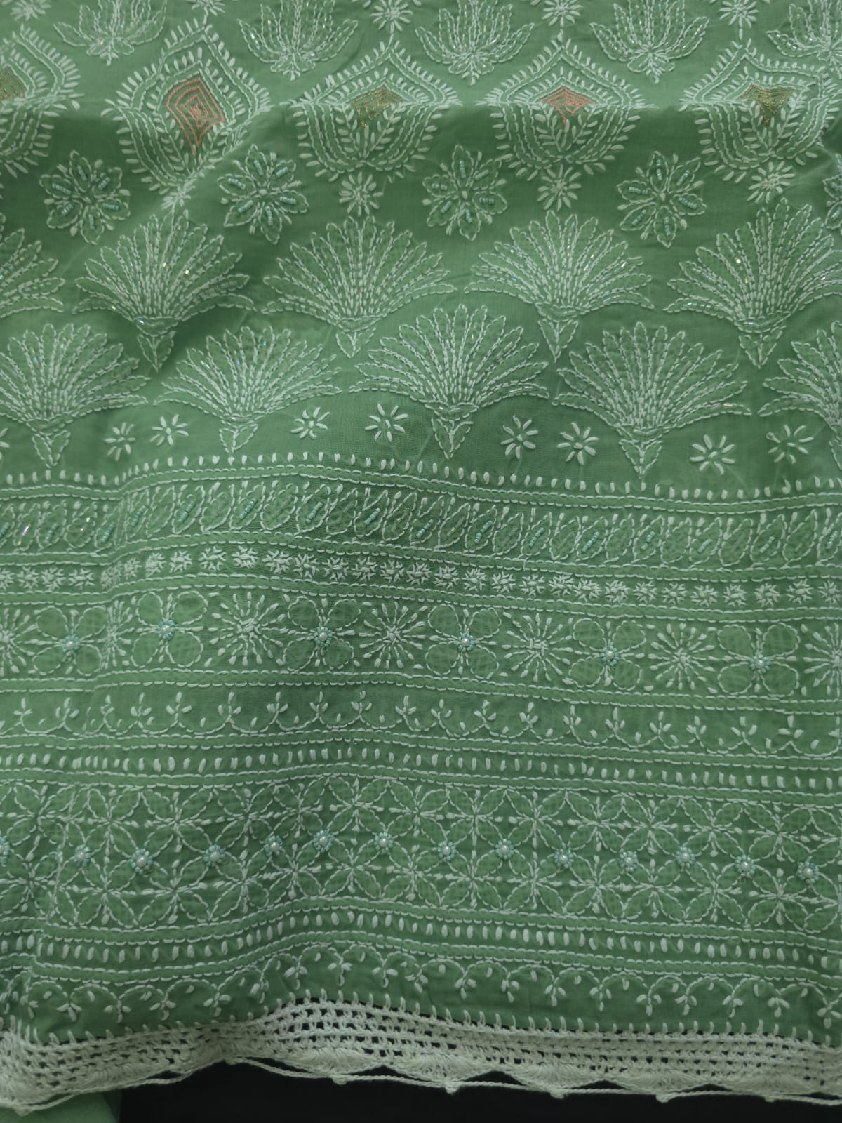 Gren cotton full suit with chikankari and embellishments
