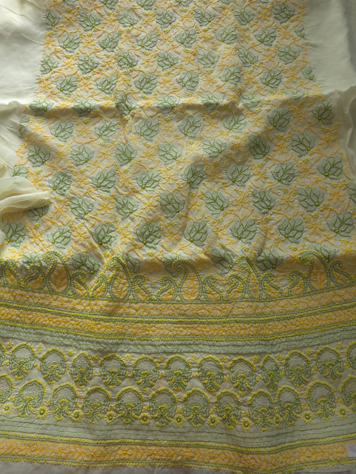 Creamy lemon cotton set with contrast chikankari designer Dupatta