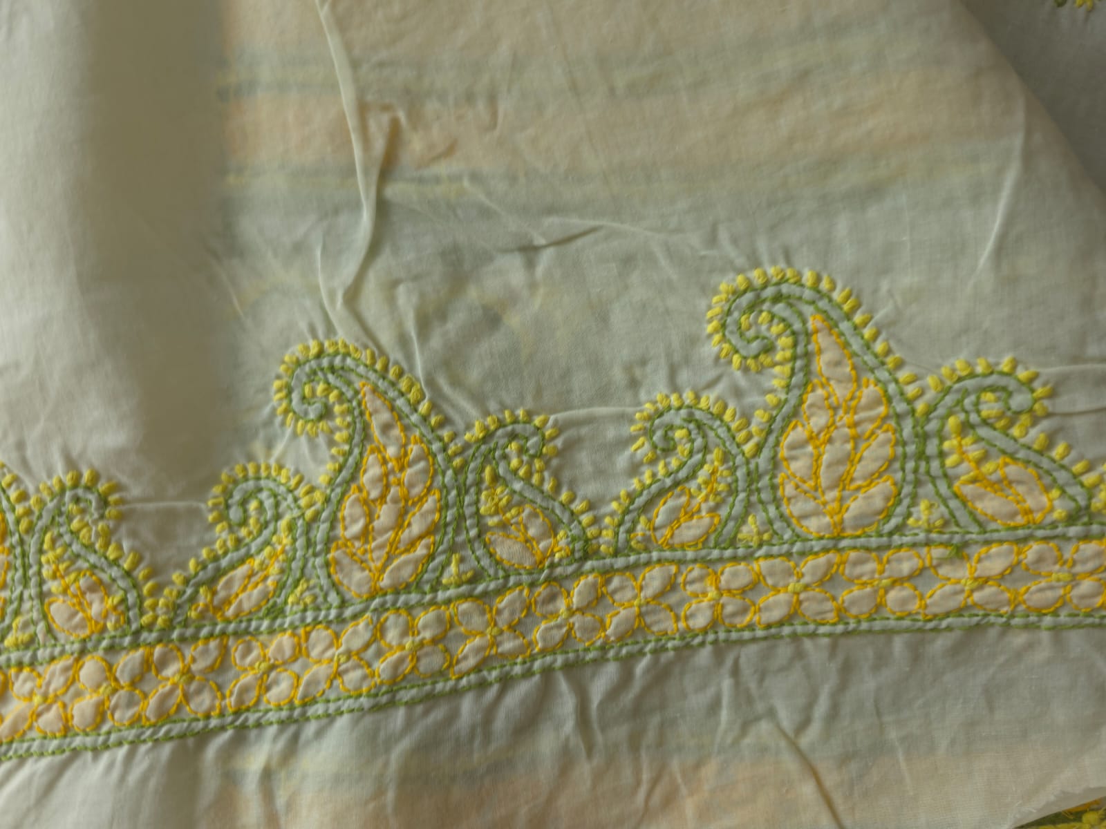 Creamy lemon cotton set with contrast chikankari designer Dupatta