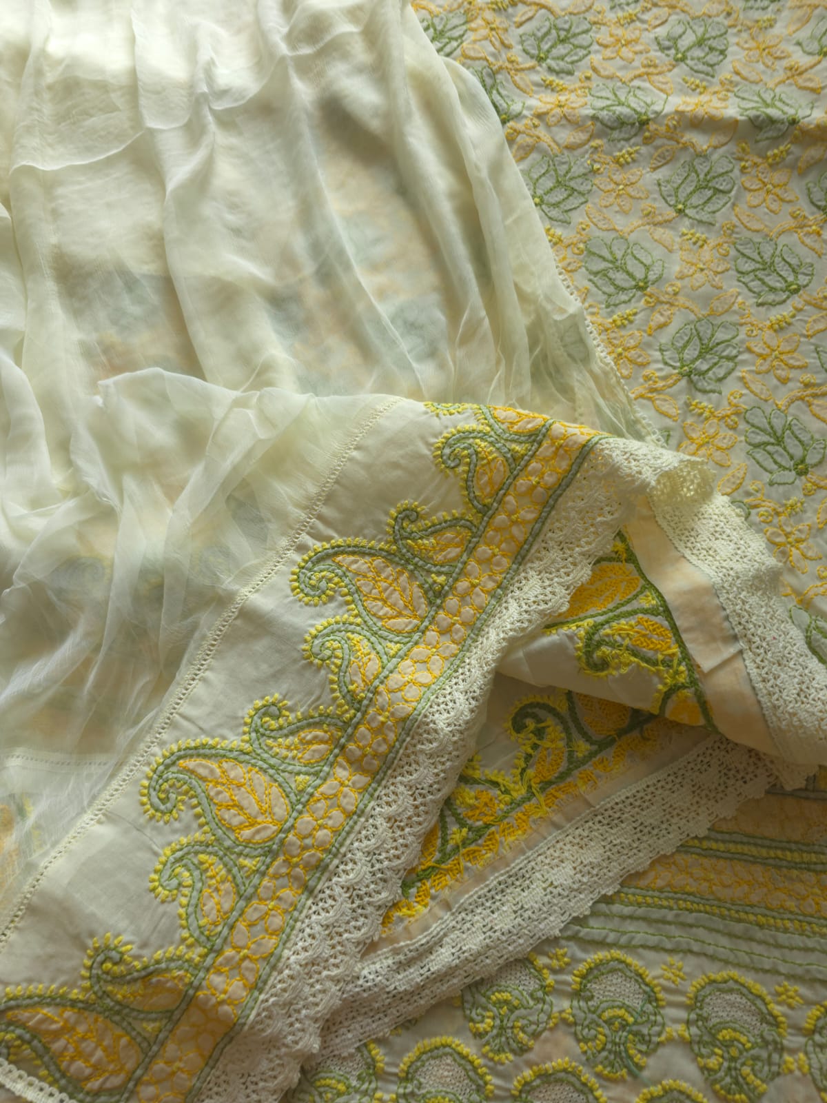 Creamy lemon cotton set with contrast chikankari designer Dupatta