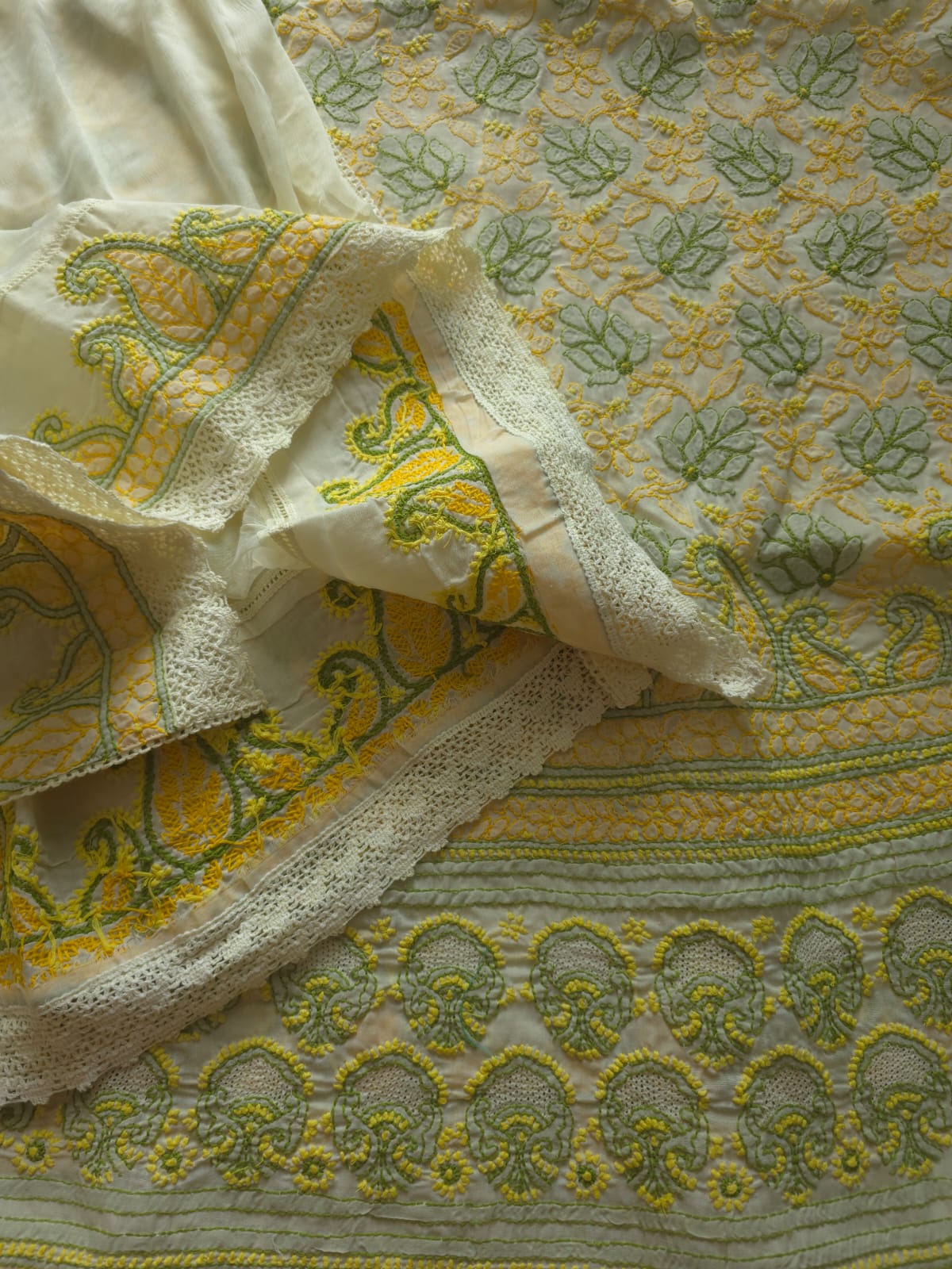 Creamy lemon cotton set with contrast chikankari designer Dupatta
