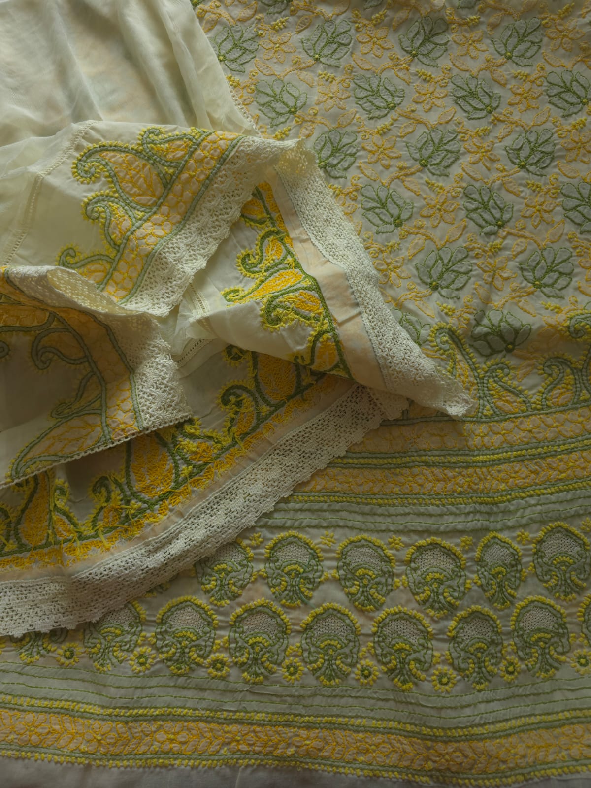 Creamy lemon cotton set with contrast chikankari designer Dupatta