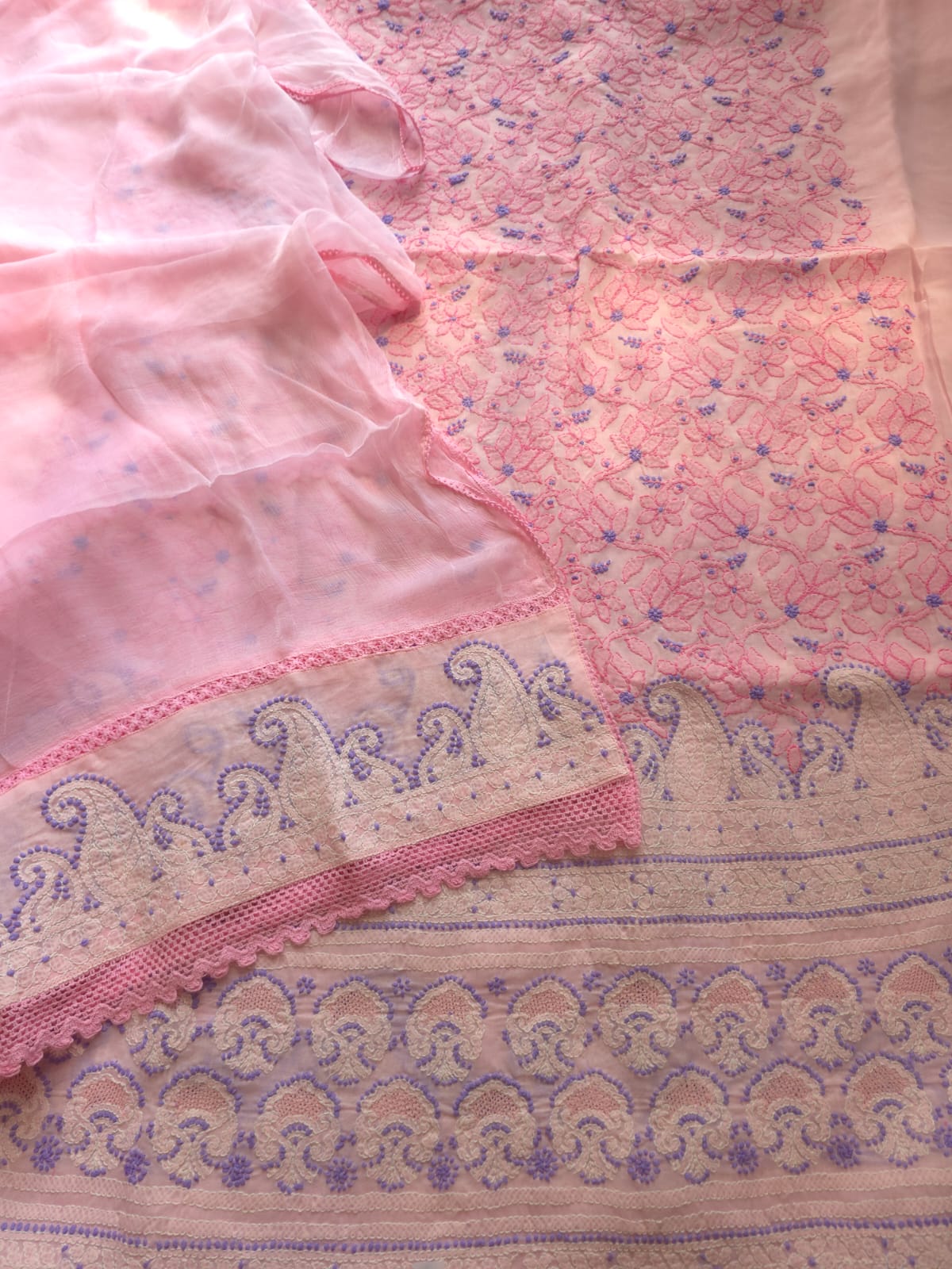 Pink Lavender Cotton suit with fine chikankari and designer dupatta