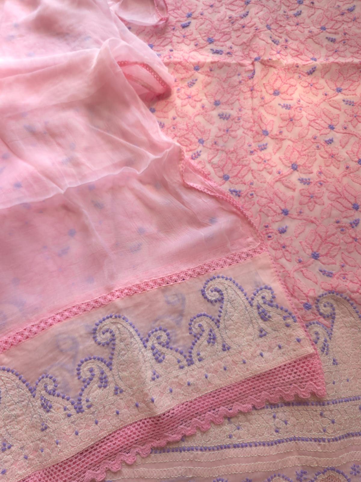 Pink Lavender Cotton suit with fine chikankari and designer dupatta