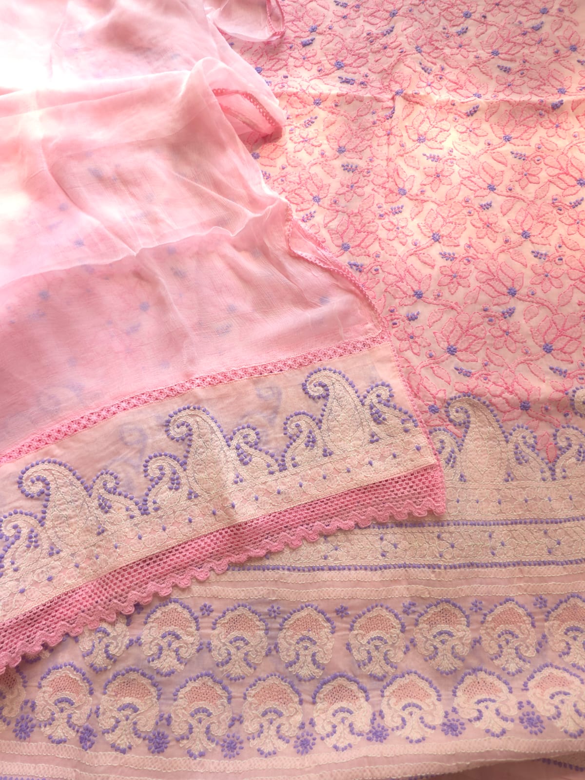 Pink Lavender Cotton suit with fine chikankari and designer dupatta