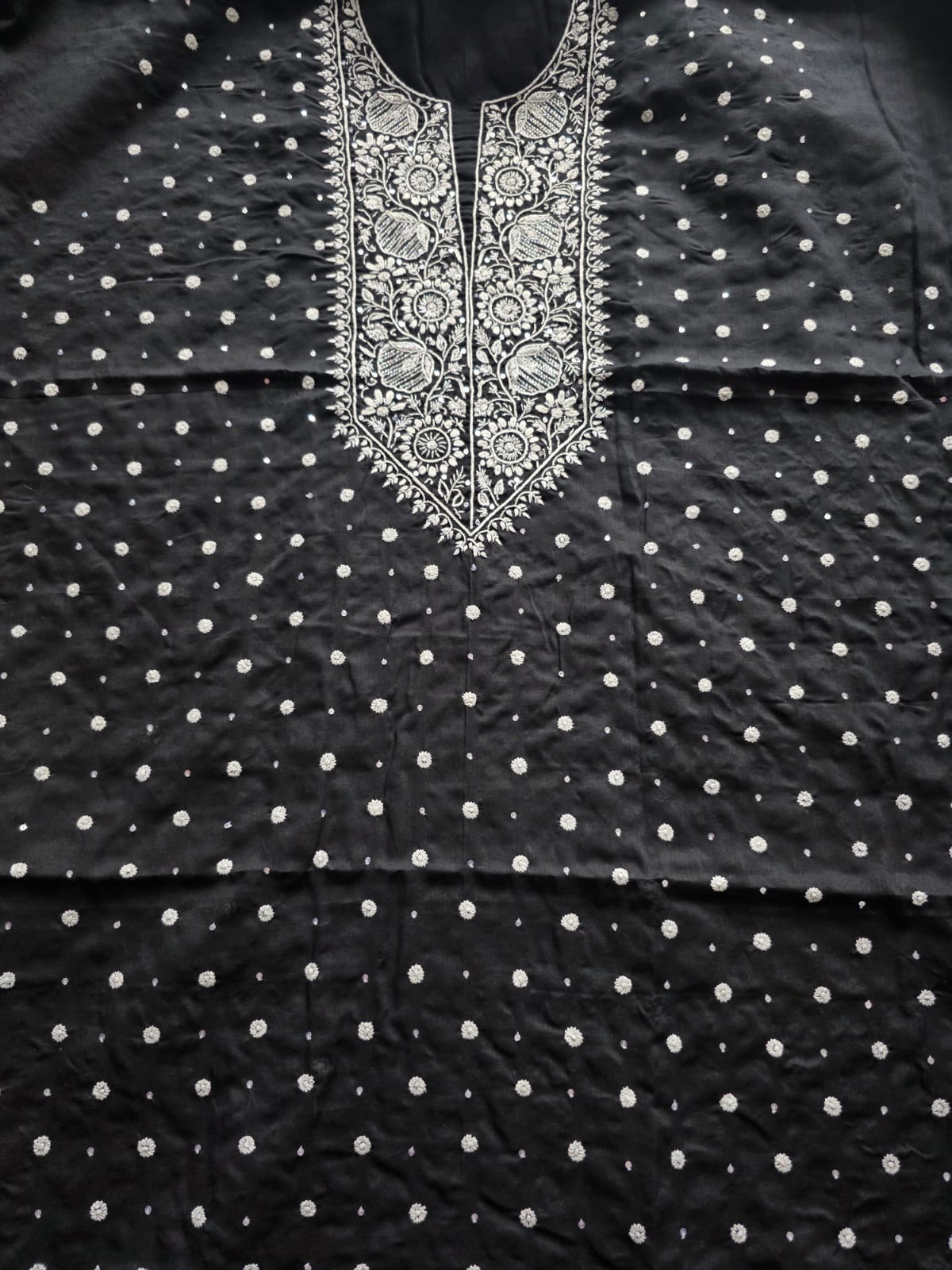 Black soft cotton kurta fabric with chikankari and embellishment