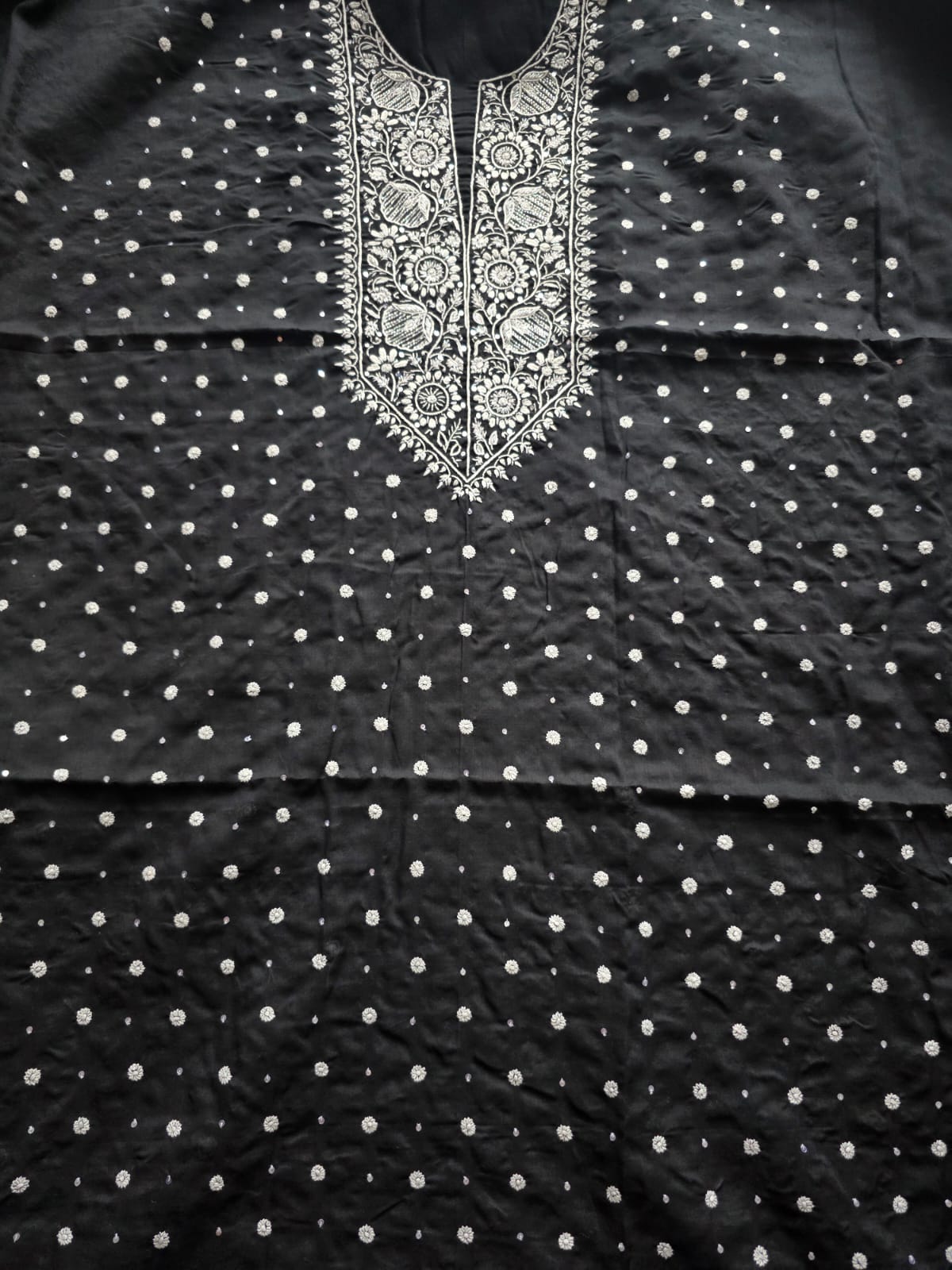 Black soft cotton kurta fabric with chikankari and embellishment