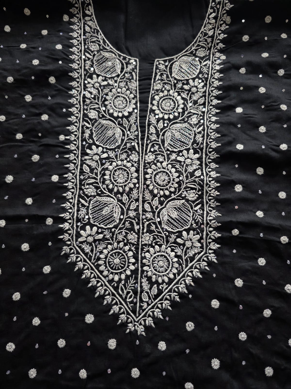 Black soft cotton kurta fabric with chikankari and embellishment