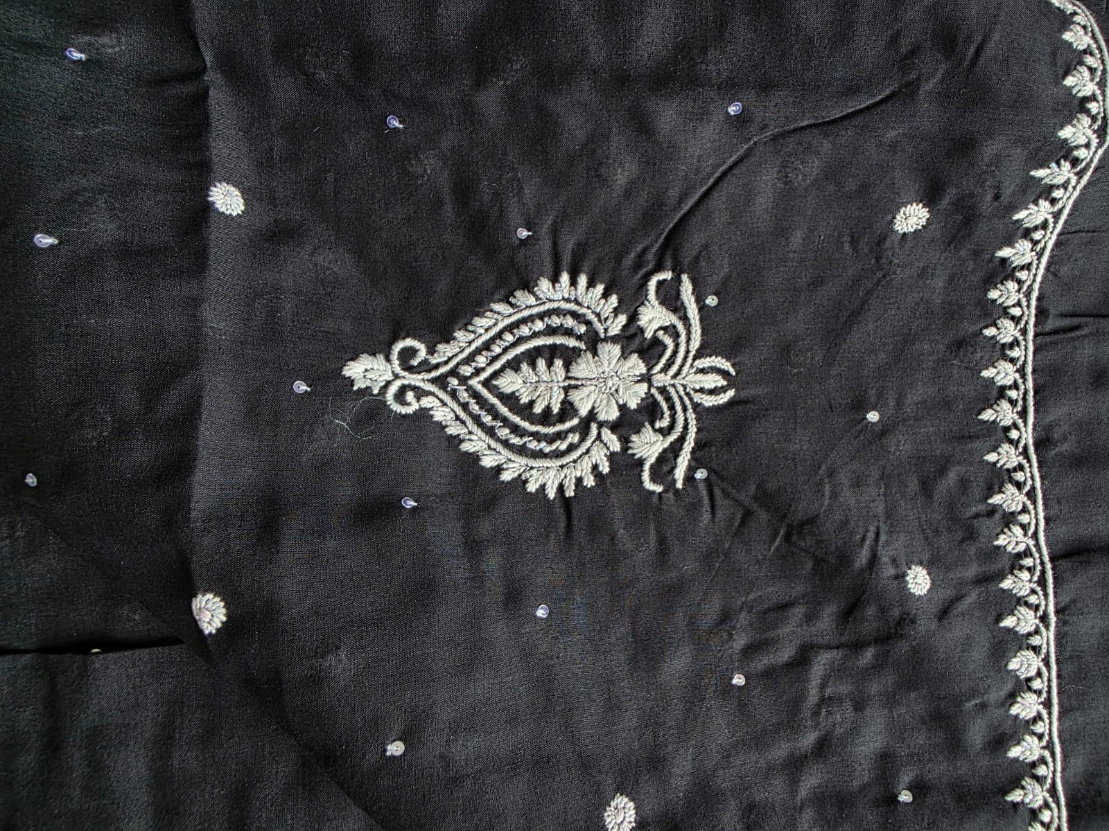 Black soft cotton kurta fabric with chikankari and embellishment