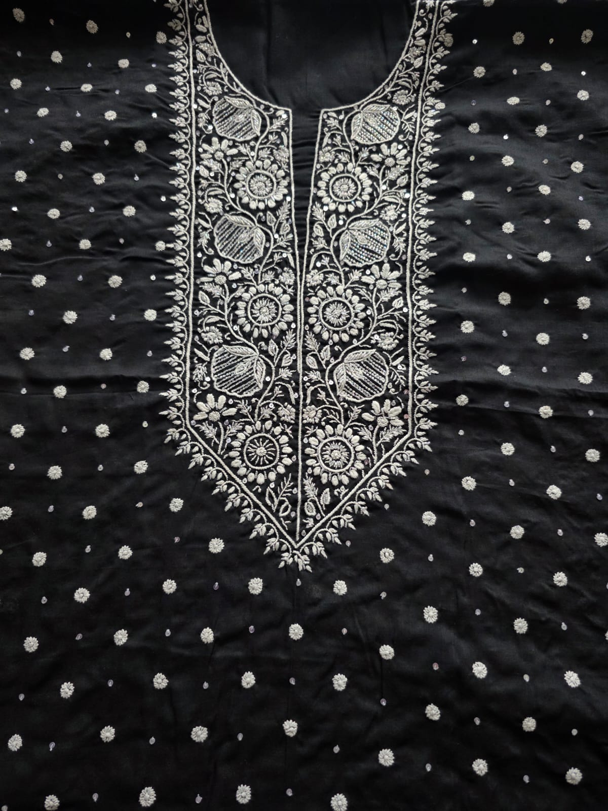 Black soft cotton kurta fabric with chikankari and embellishment