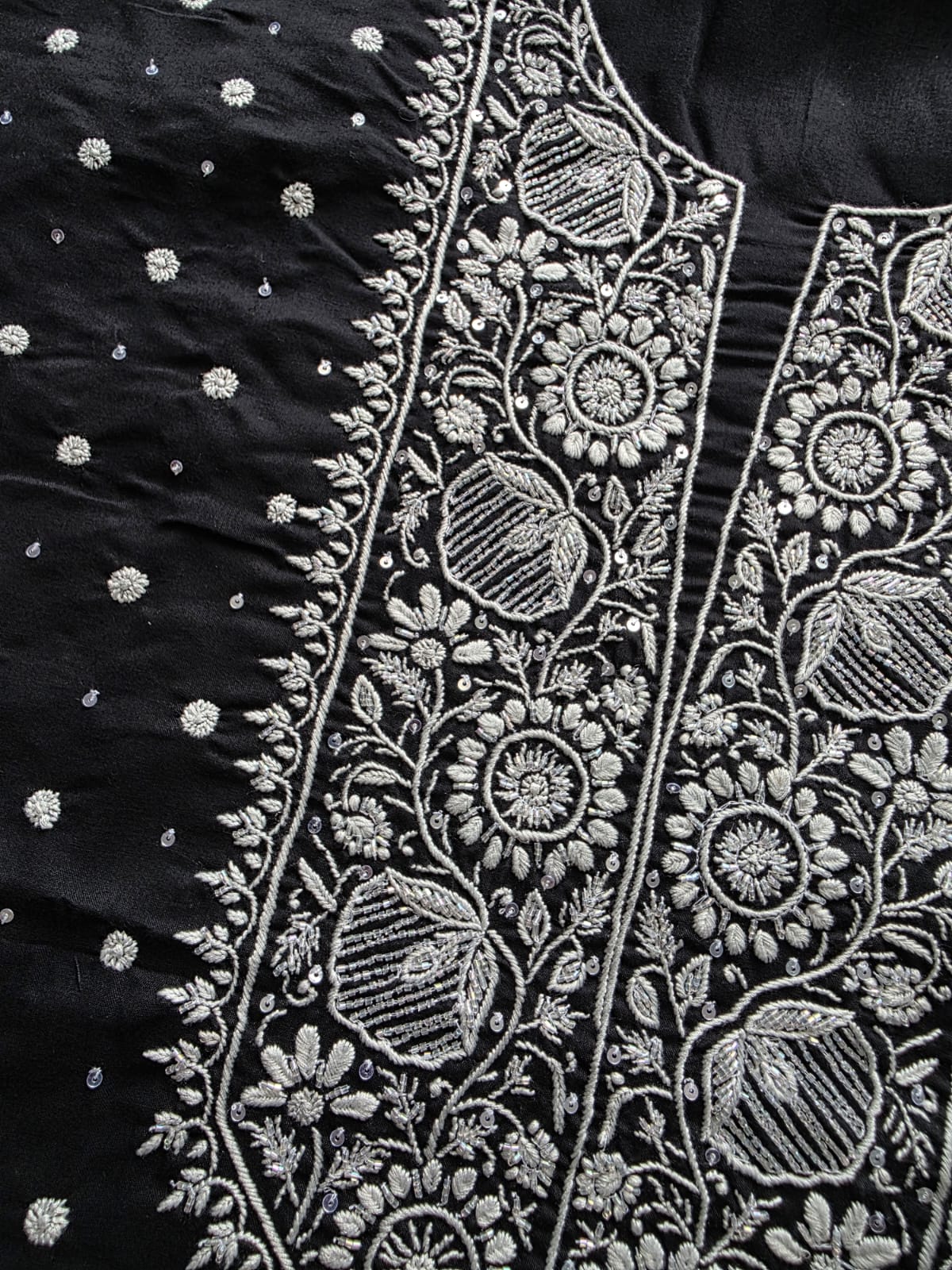 Black soft cotton kurta fabric with chikankari and embellishment