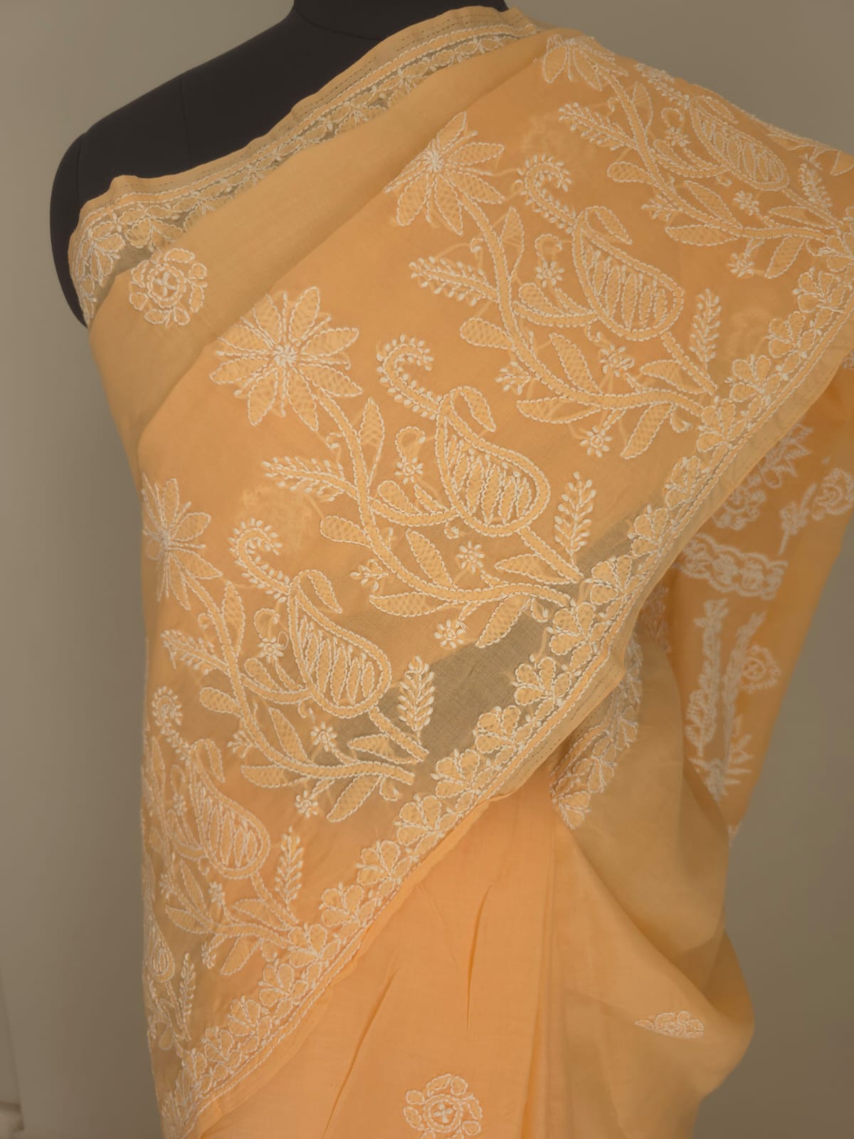 Orangish Peach Cotton saree with Skirt border and heavy Anchal