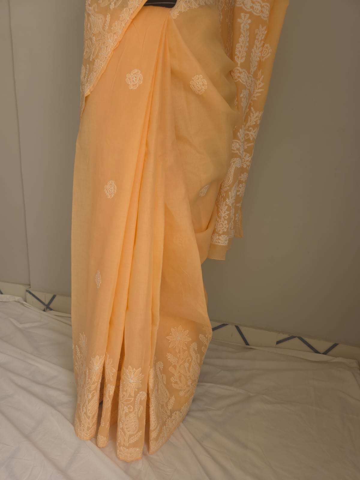 Orangish Peach Cotton saree with Skirt border and heavy Anchal