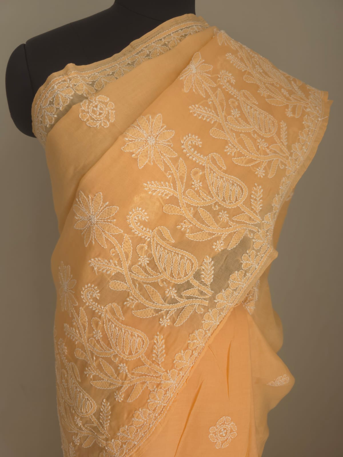 Orangish Peach Cotton saree with Skirt border and heavy Anchal