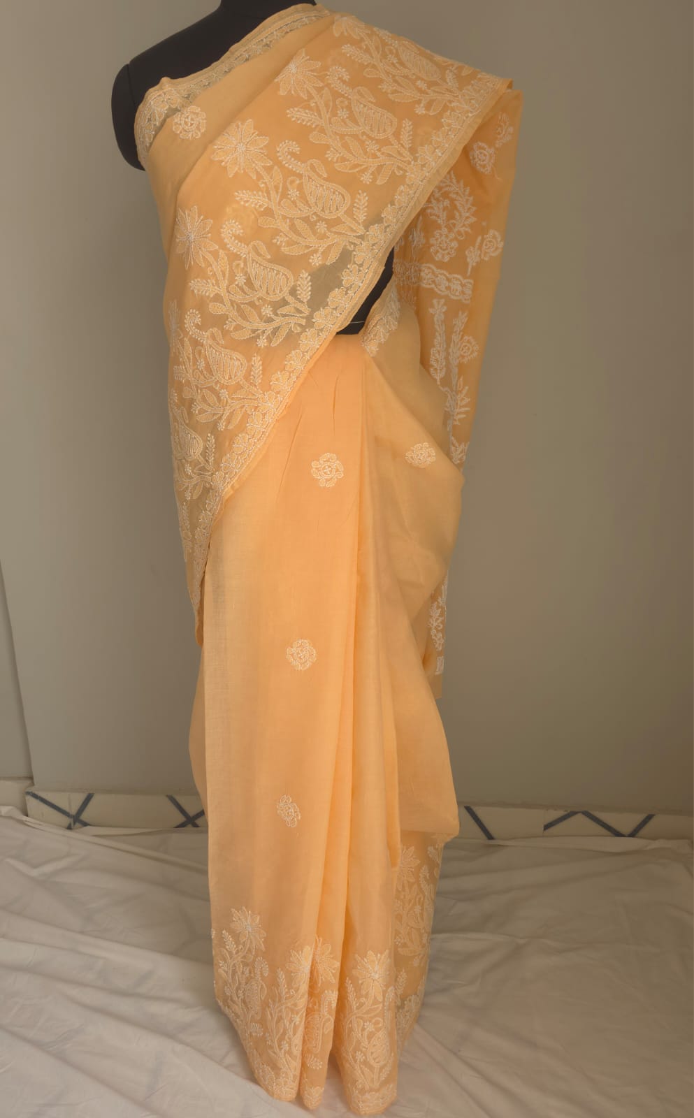 Orangish Peach Cotton saree with Skirt border and heavy Anchal