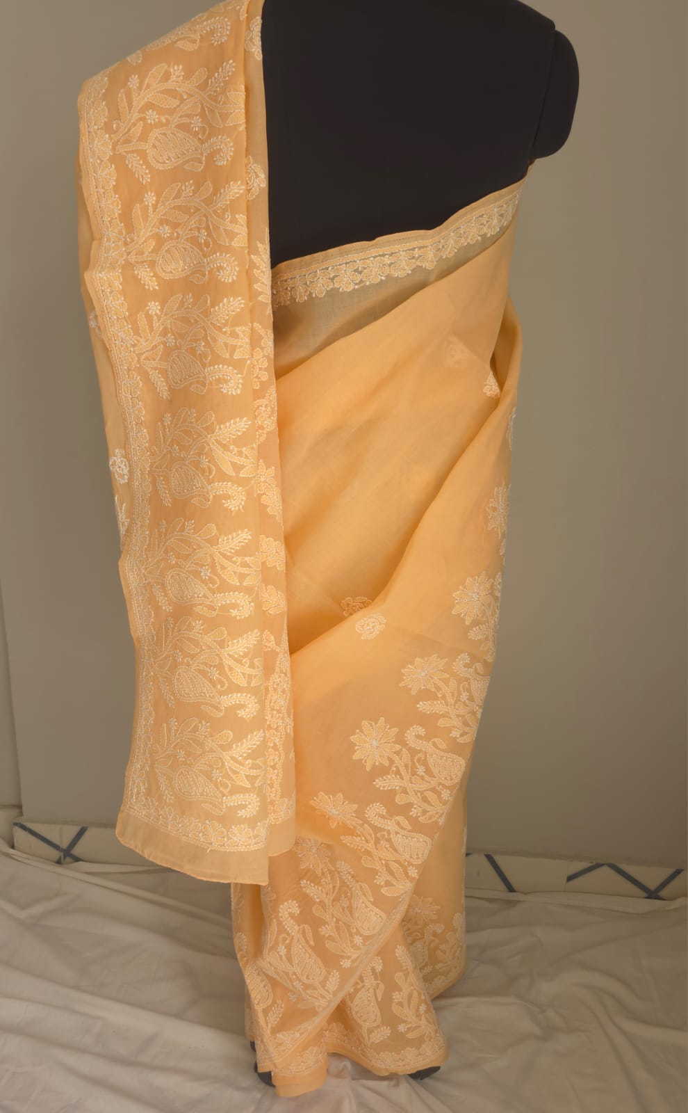 Orangish Peach Cotton saree with Skirt border and heavy Anchal