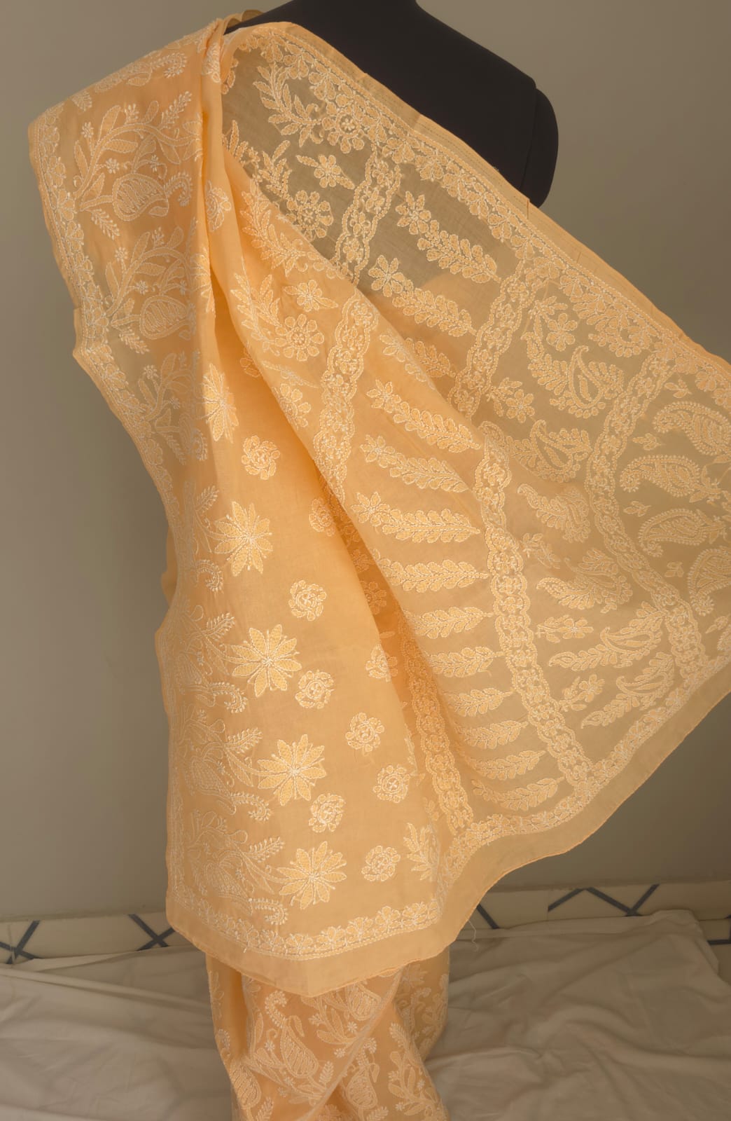 Orangish Peach Cotton saree with Skirt border and heavy Anchal