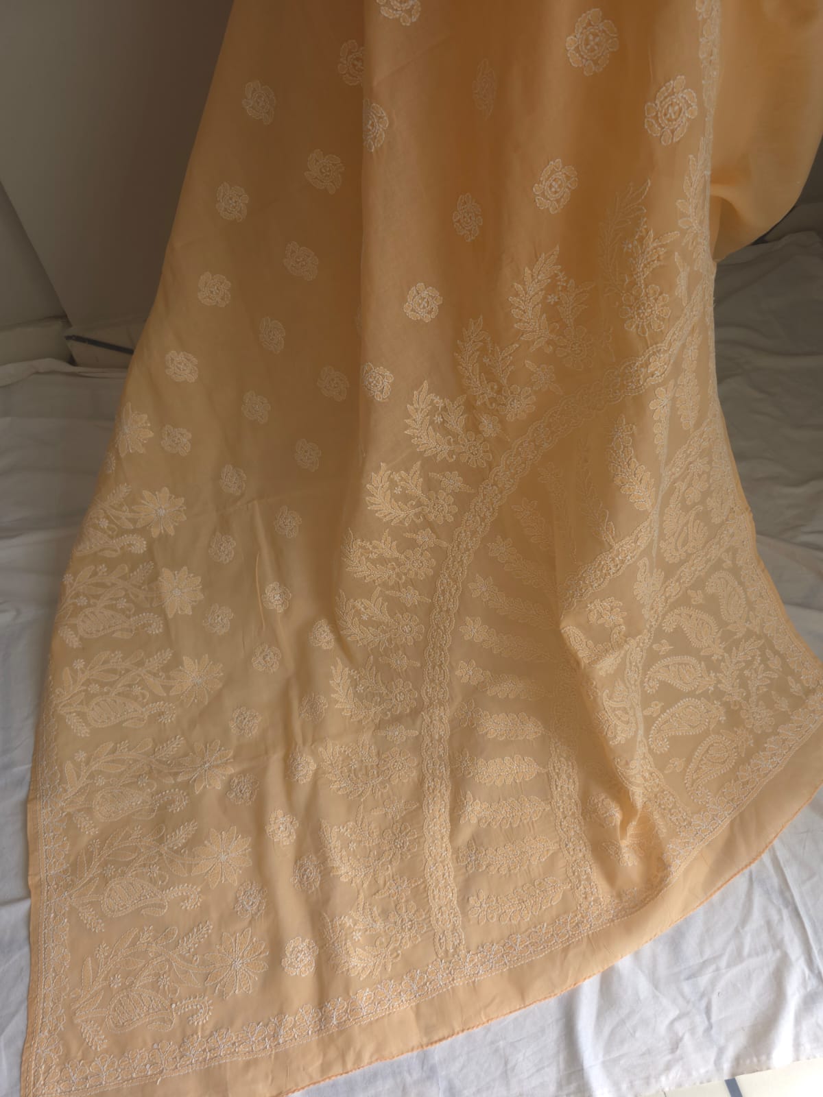 Orangish Peach Cotton saree with Skirt border and heavy Anchal