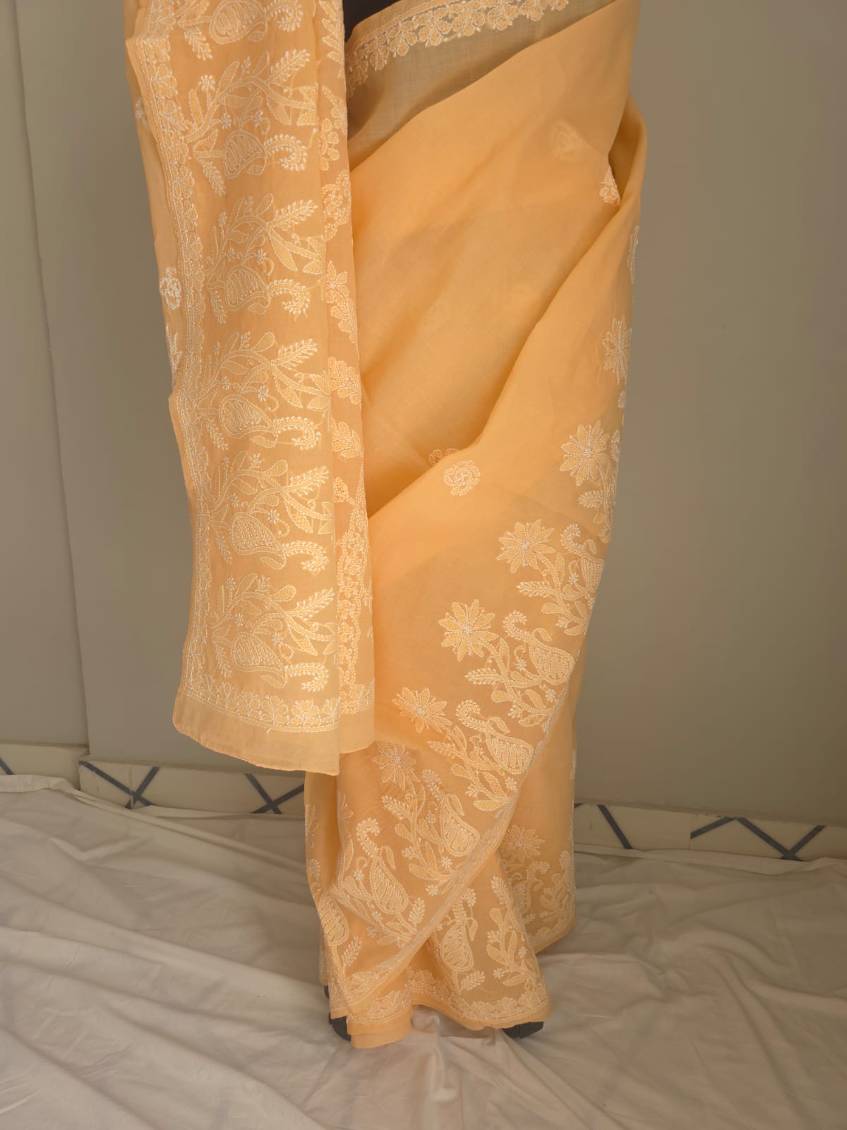 Orangish Peach Cotton saree with Skirt border and heavy Anchal