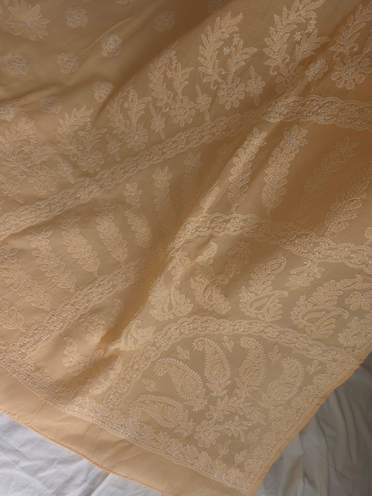 Orangish Peach Cotton saree with Skirt border and heavy Anchal