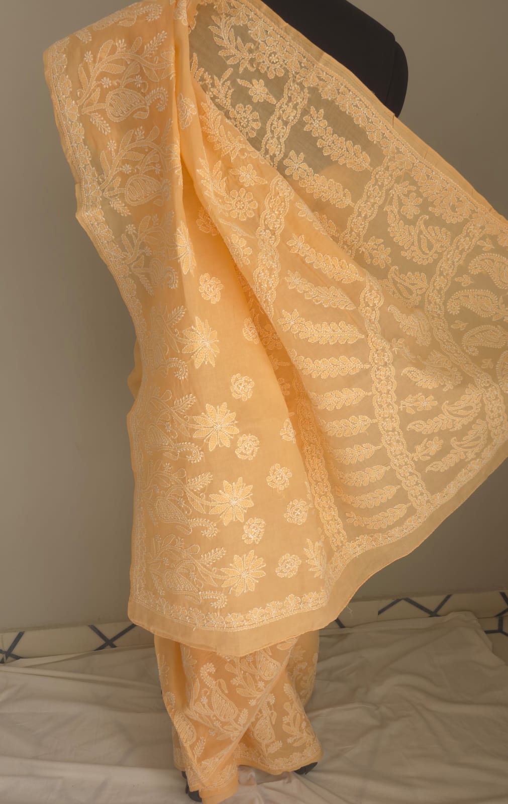 Orangish Peach Cotton saree with Skirt border and heavy Anchal