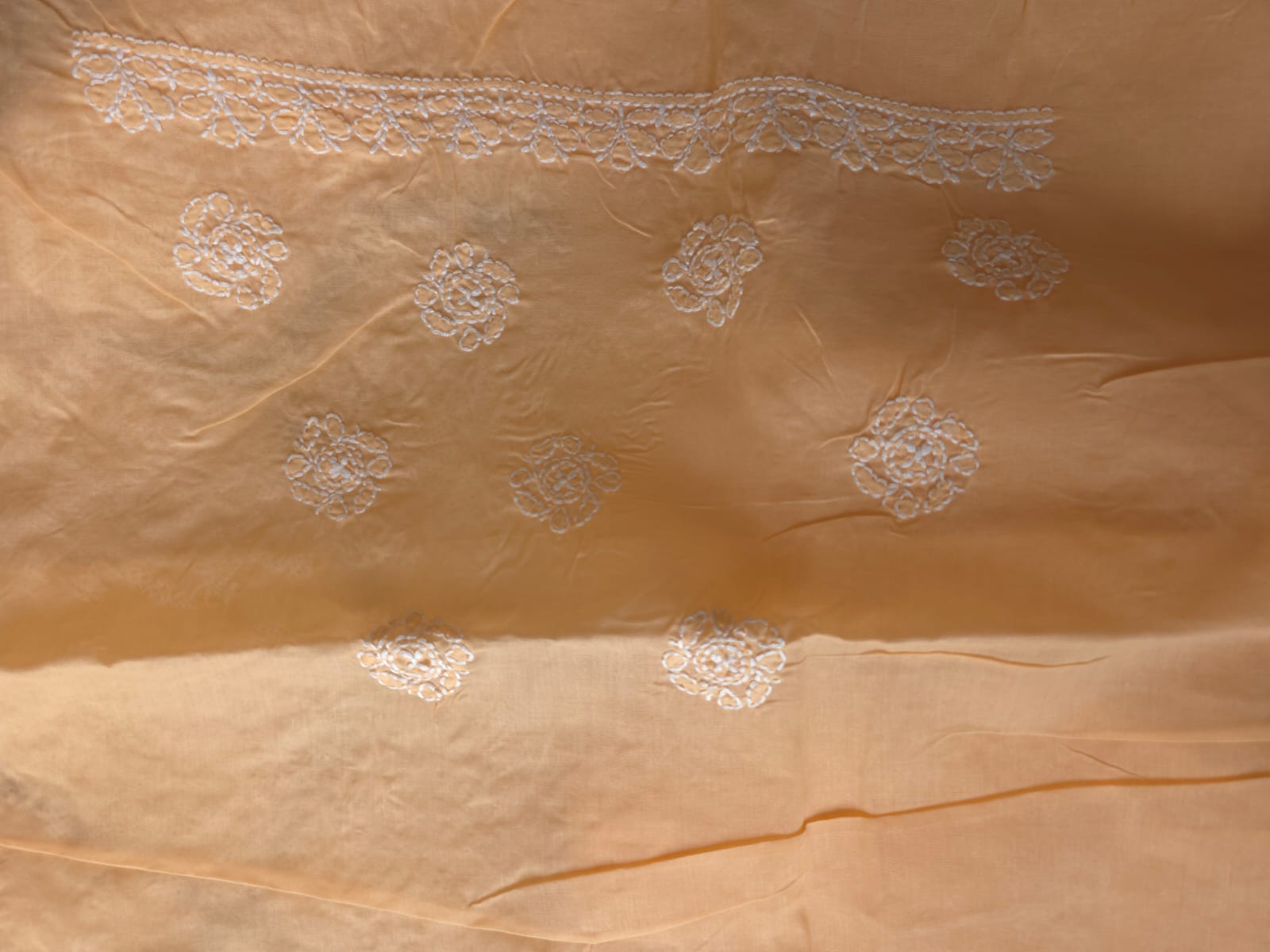 Orangish Peach Cotton saree with Skirt border and heavy Anchal