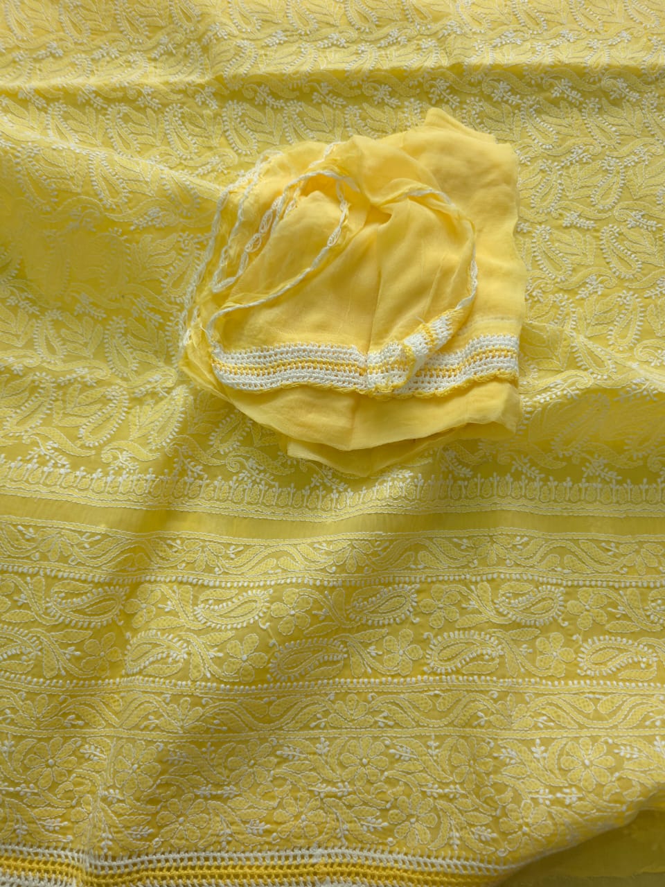Yellow cotton full suit with intricate chikankari jaal