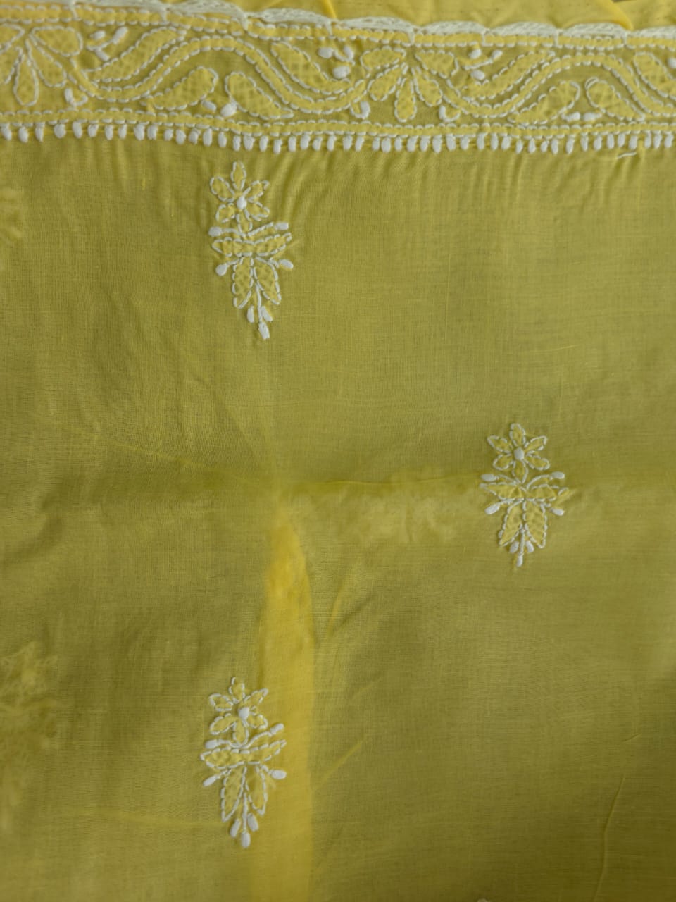 Yellow cotton full suit with intricate chikankari jaal