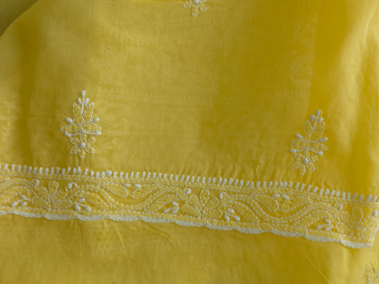 Yellow cotton full suit with intricate chikankari jaal