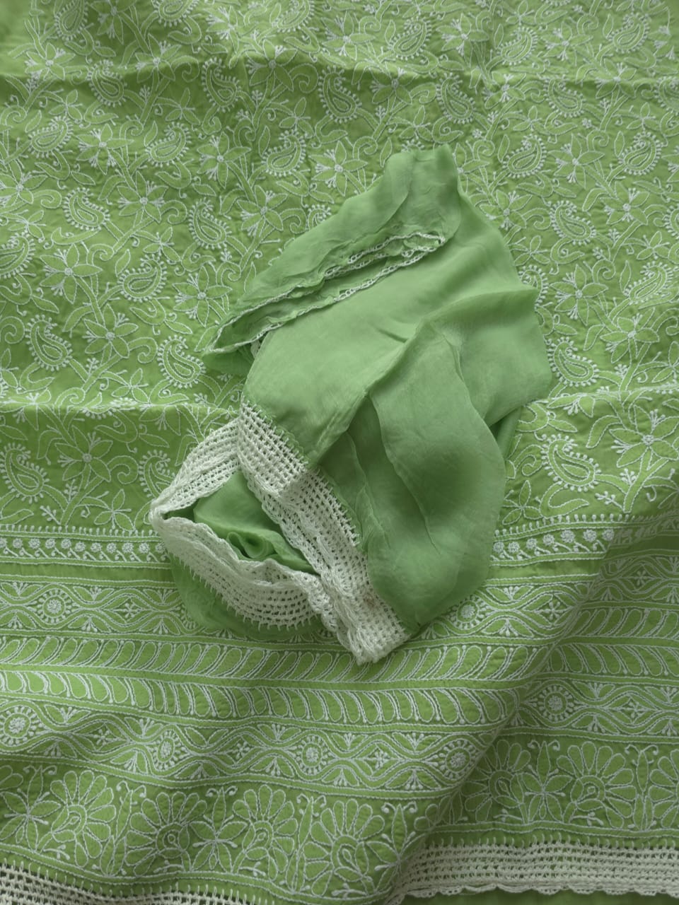 Green Cotton Full suit with Extremely fine chikankari