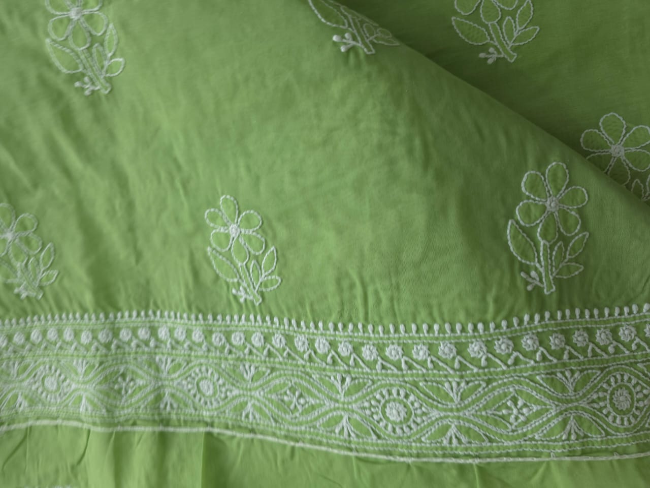 Green Cotton Full suit with Extremely fine chikankari