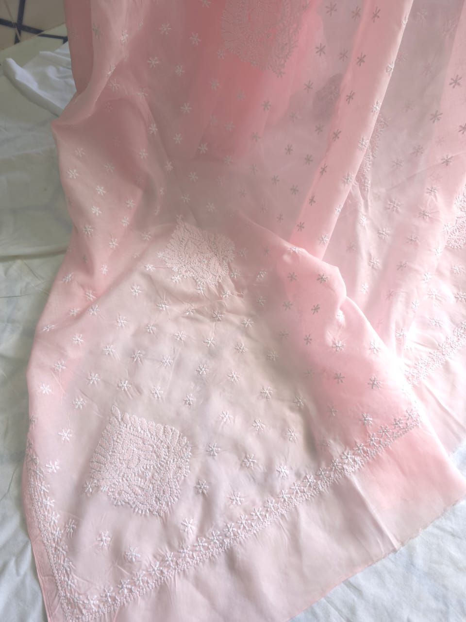 Baby pink Cotton saree with Keel langan work