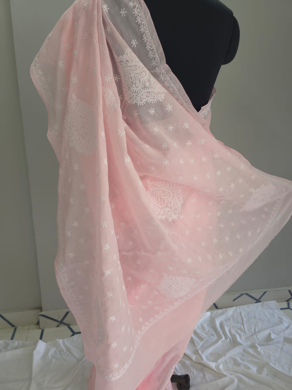 Baby pink Cotton saree with Keel langan work