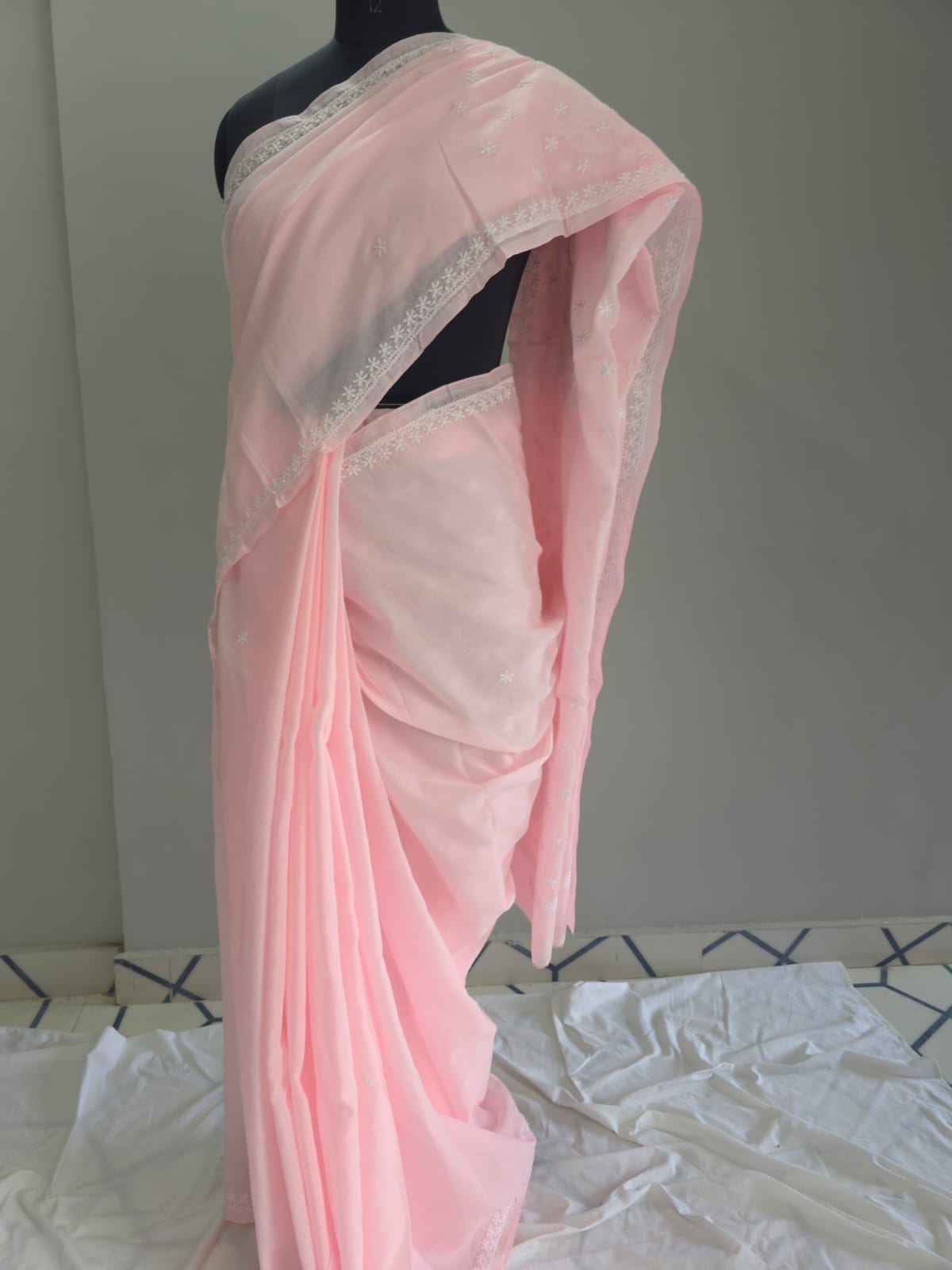 Baby pink Cotton saree with Keel langan work
