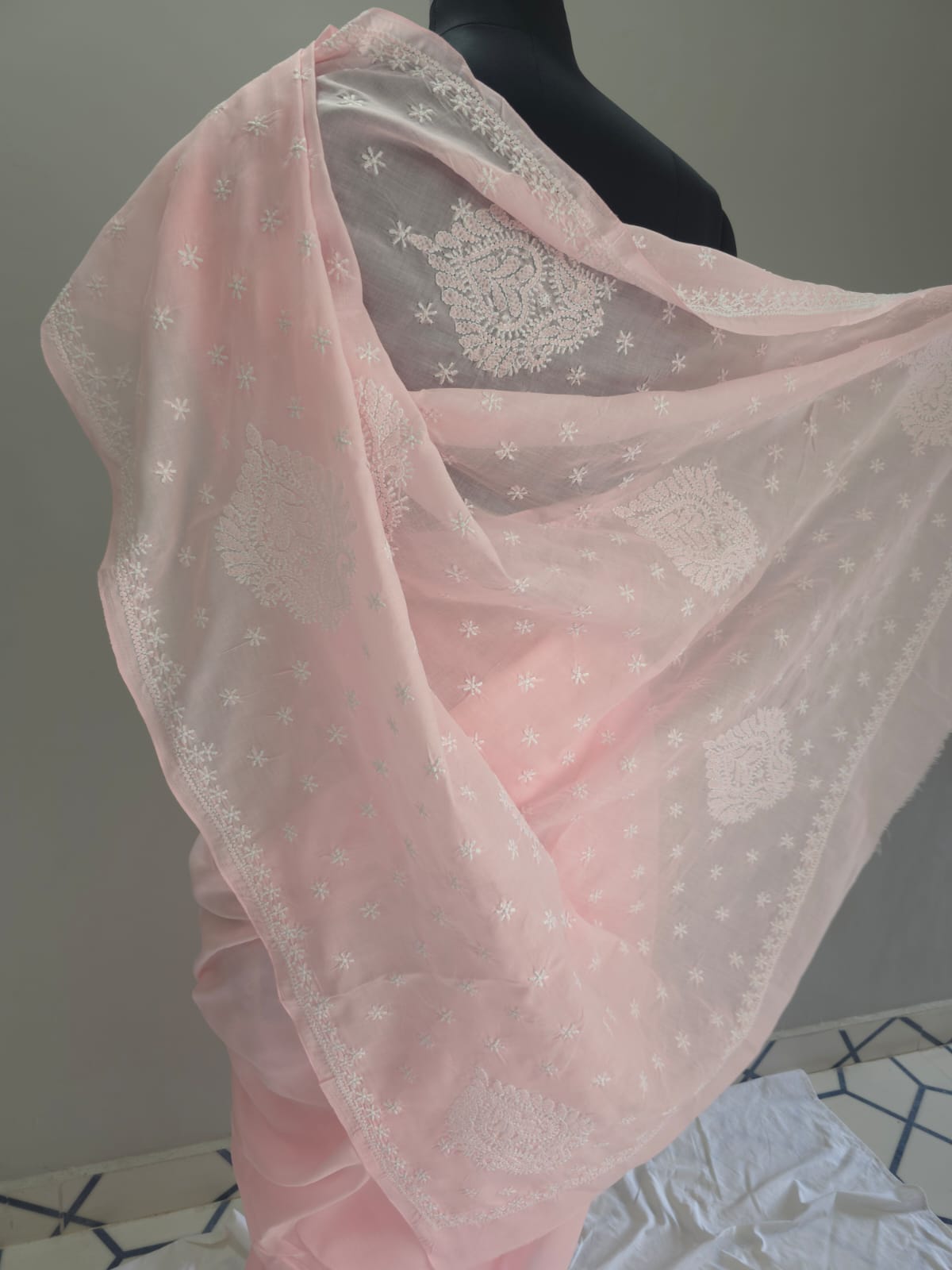 Baby pink Cotton saree with Keel langan work