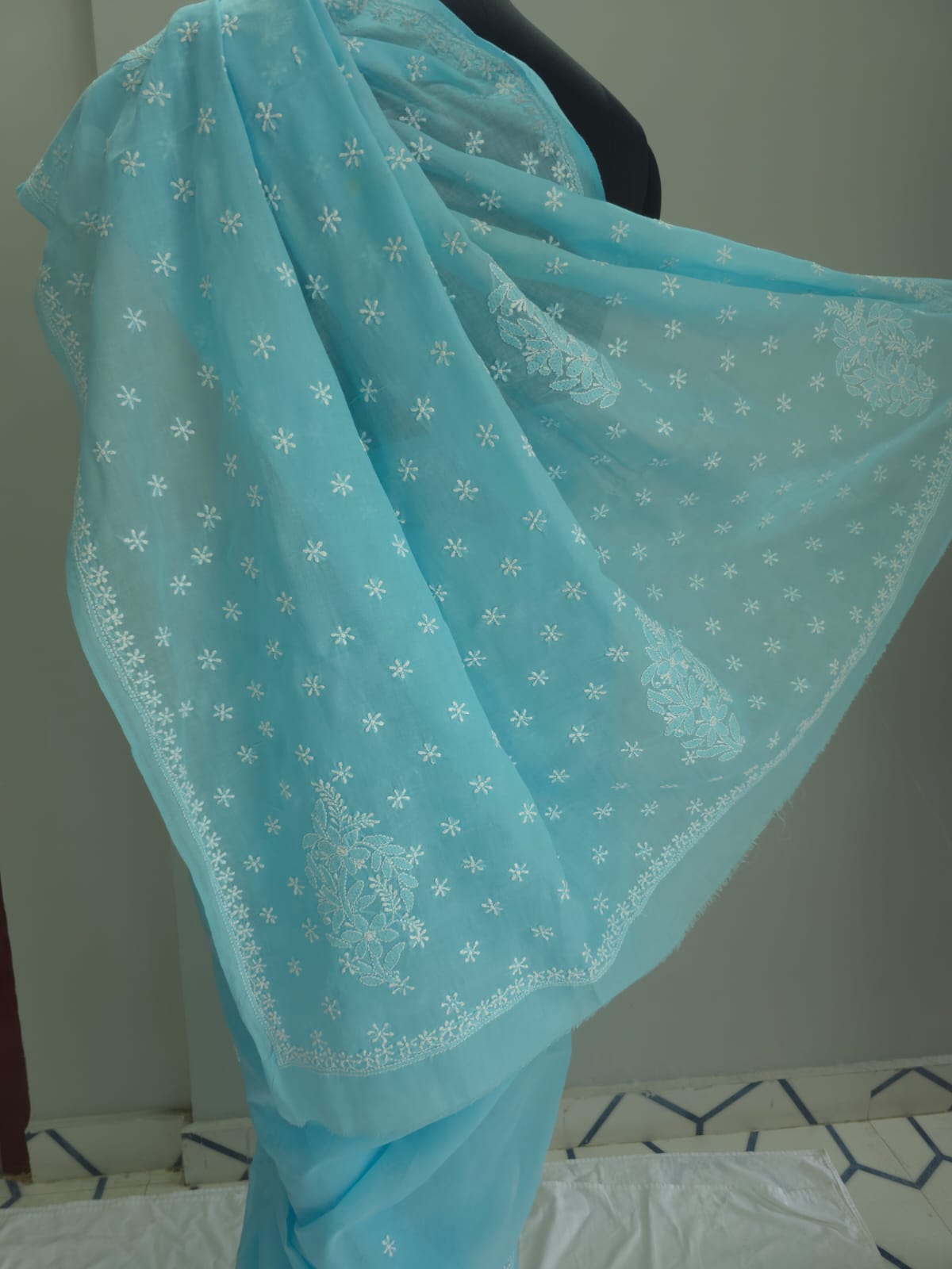 Sky Blue Cotton Saree with Keel Kangan work