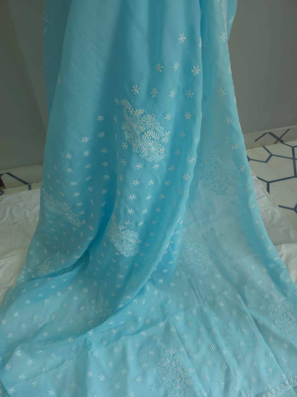 Sky Blue Cotton Saree with Keel Kangan work